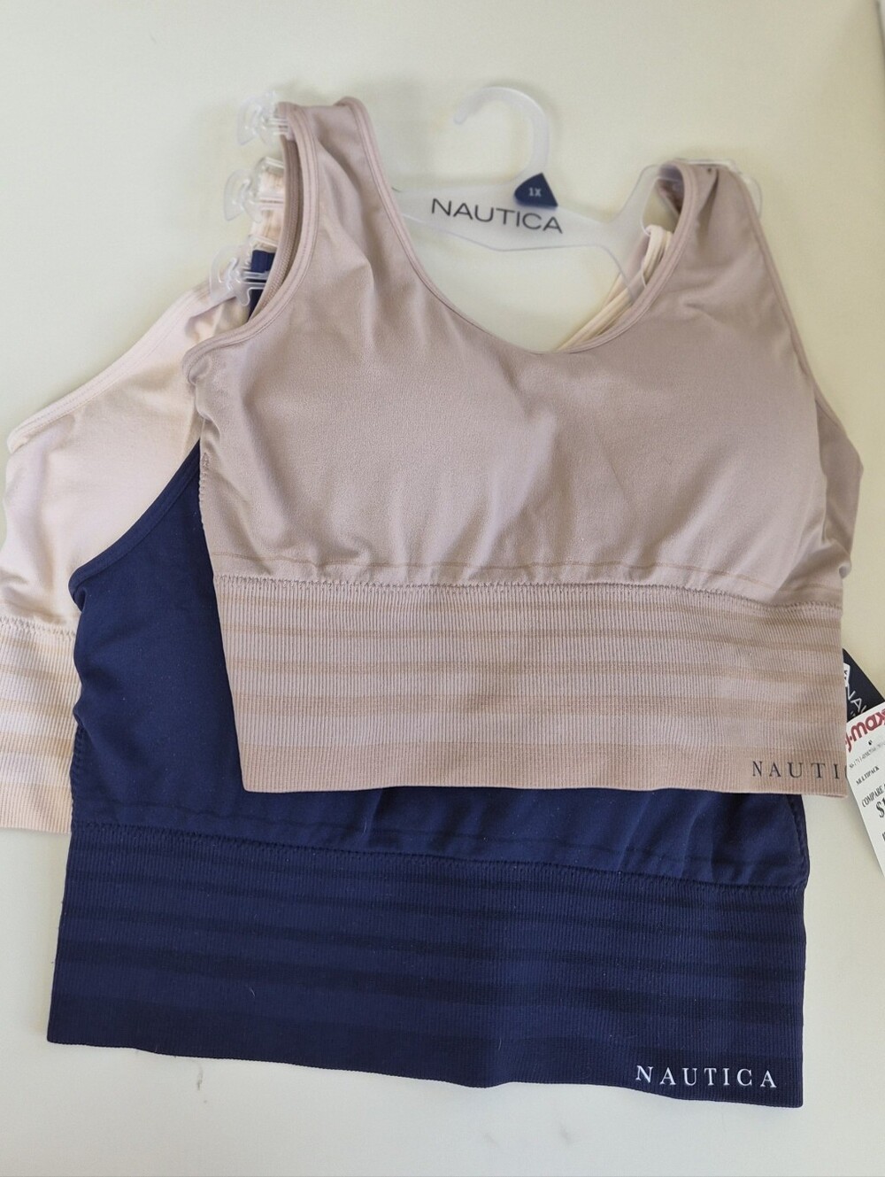 NWT Nautica -Seamless Ribbed Sports Bra Set of Three–Blush, Pink & Navy, Size 1X